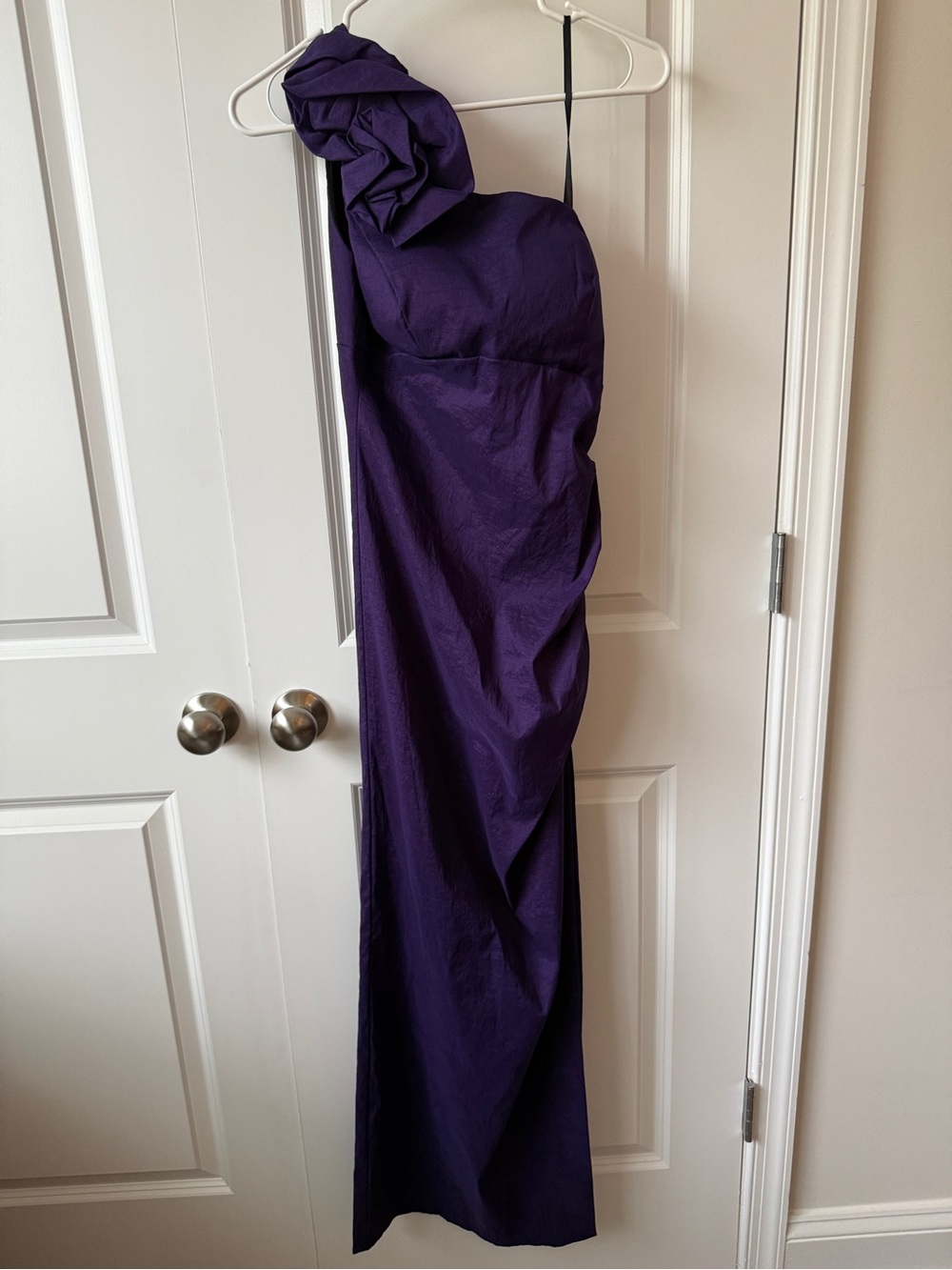 Xscape One-Shoulder Ruffle Evening Gown in Deep Purple